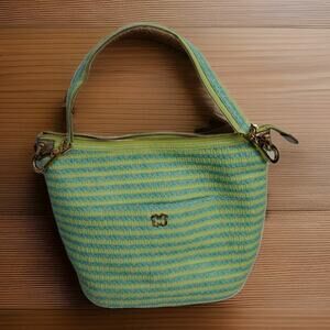 Eric Javits Multicolor Leather Strap Gold Metallic Bag Straw Canvas Stripes